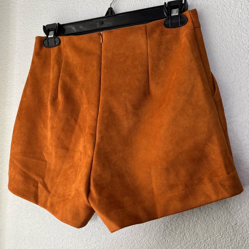 Burnt Orange High Waisted Suede Shorts Ft. Decorative Gold Buttons & Pockets - Picture 2 of 11
